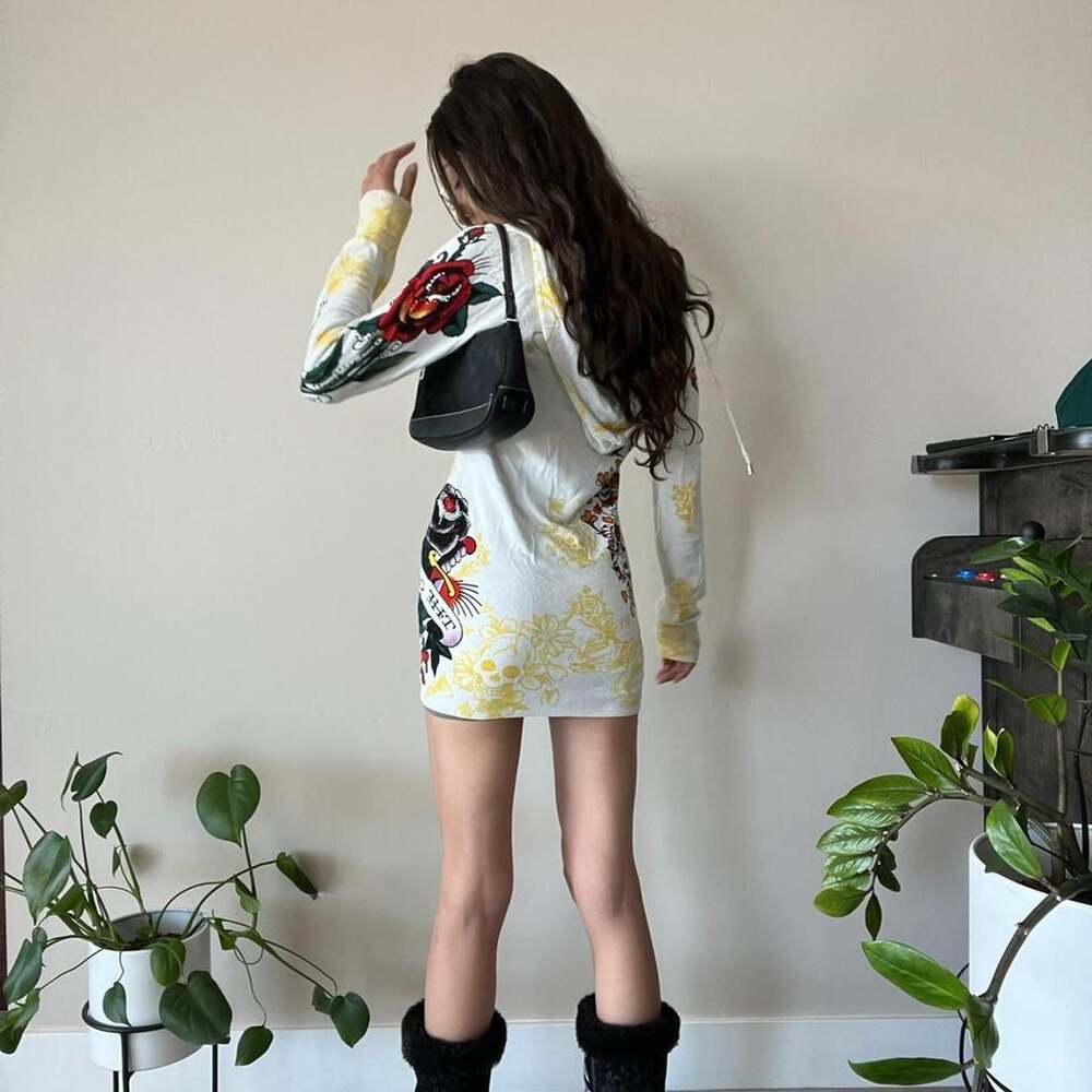Ed Hardy Bedazzled Tattoo Graphic Hooded Sweater Dress